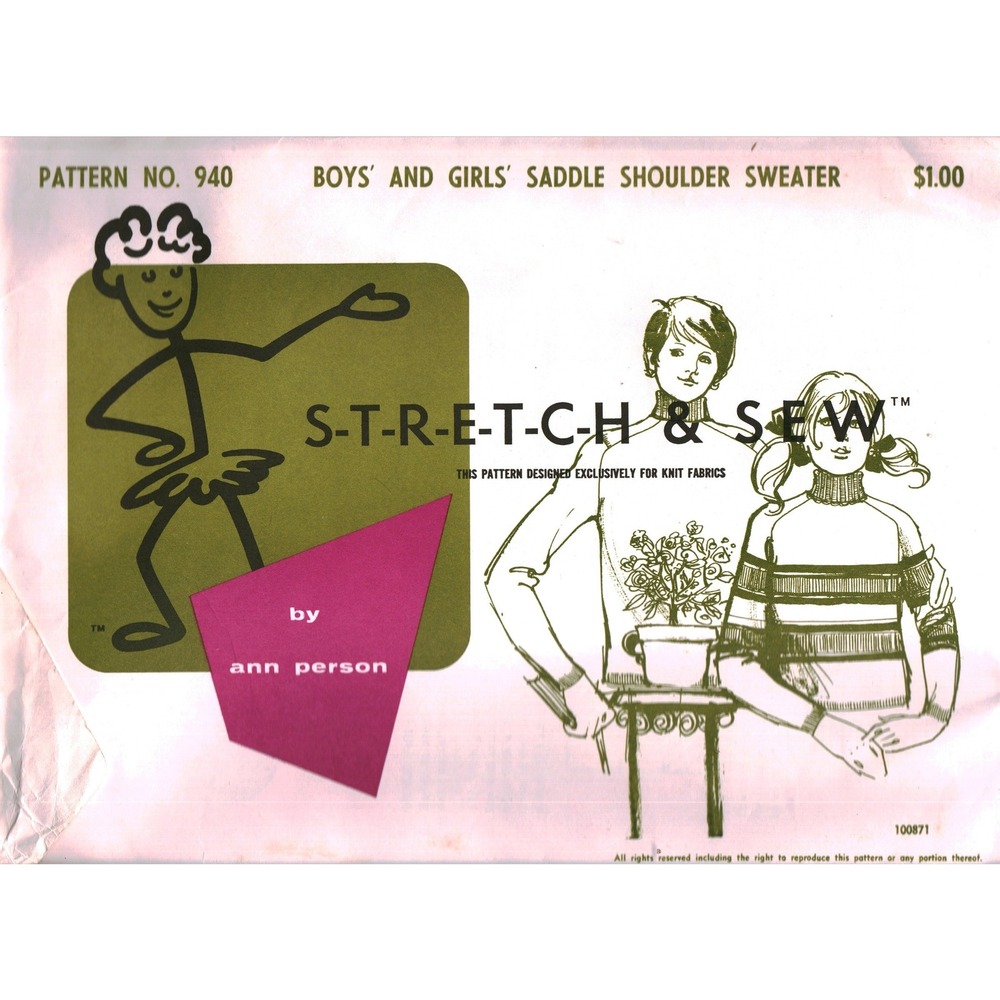 Vintage Ann Person Stretch & Sew Pattern 940 Boys‎ Girls Saddle Shoulder Sweater